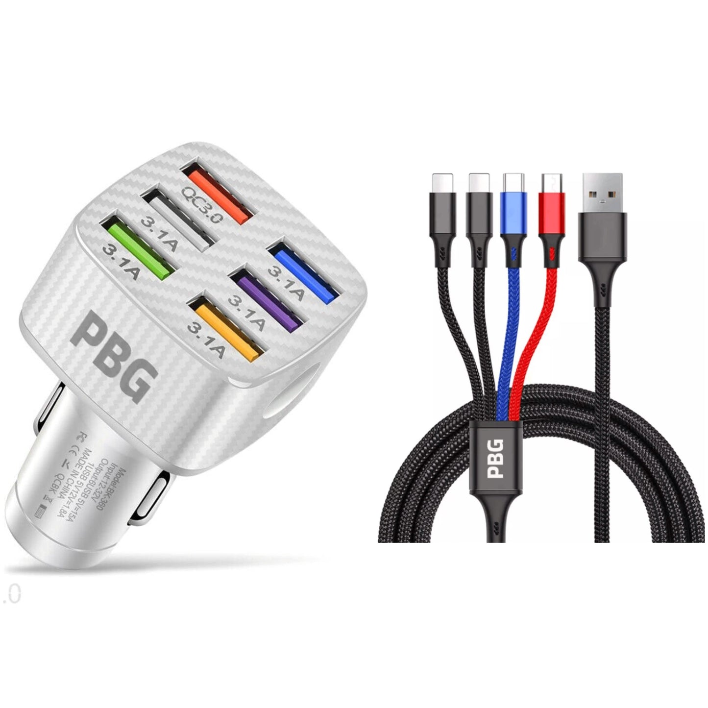 PBG LED 6-Port Car Charger and 4 in 1 Nylon Charging Cable Bundle DailySale