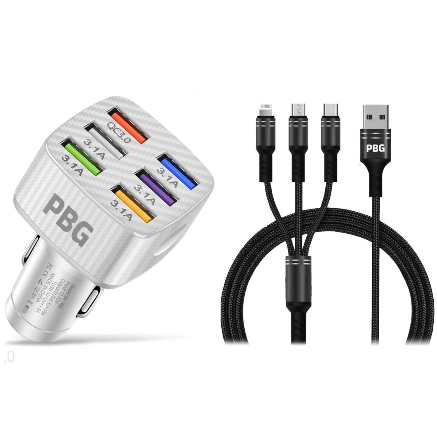 PBG LED 6 Port Car Charger and 4Ft. 3-in-1 Cable Combo DailySale