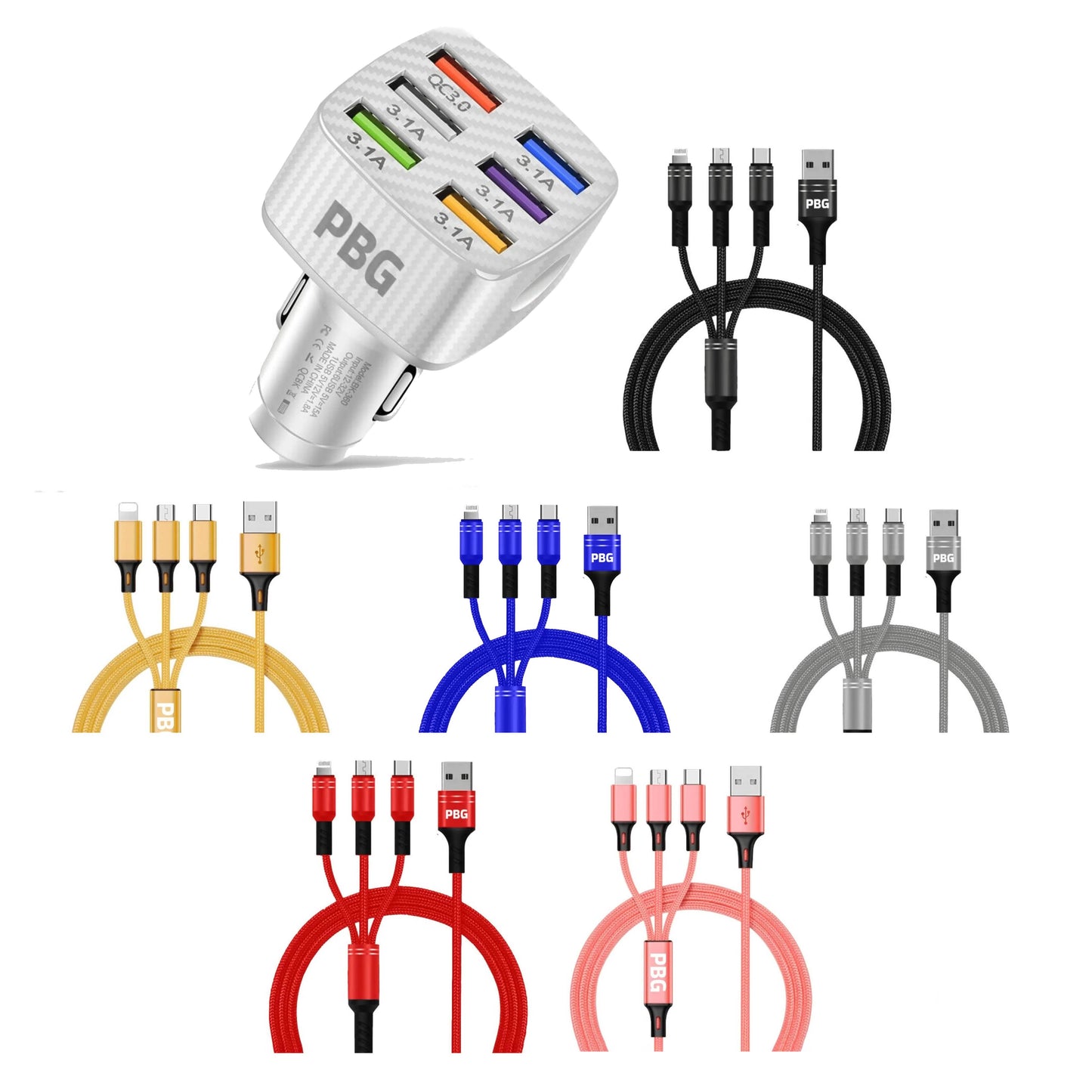 PBG LED 6 Port Car Charger and 4Ft. 3-in-1 Cable Combo DailySale
