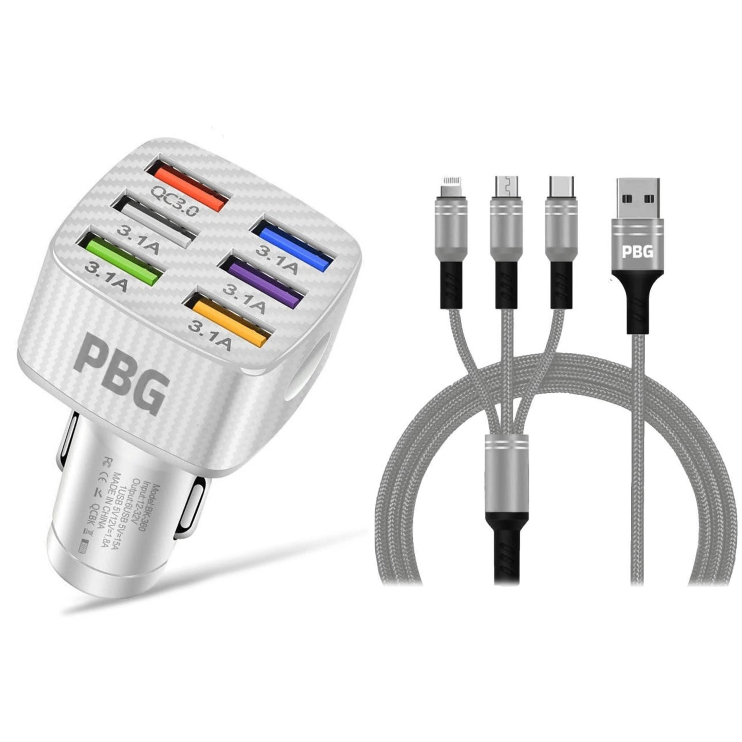 PBG LED 6 Port Car Charger and 4Ft. 3-in-1 Cable Combo DailySale