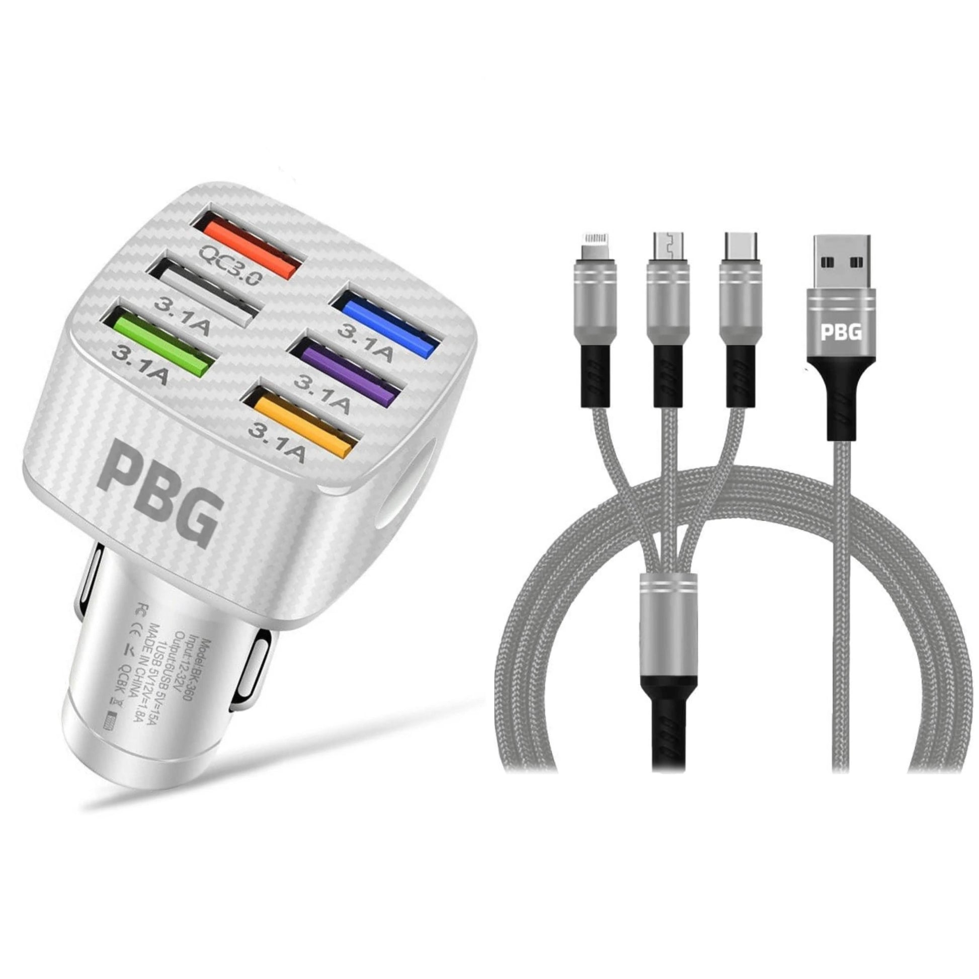 PBG LED 6 Port Car Charger and 4Ft. 3-in-1 Cable Combo DailySale