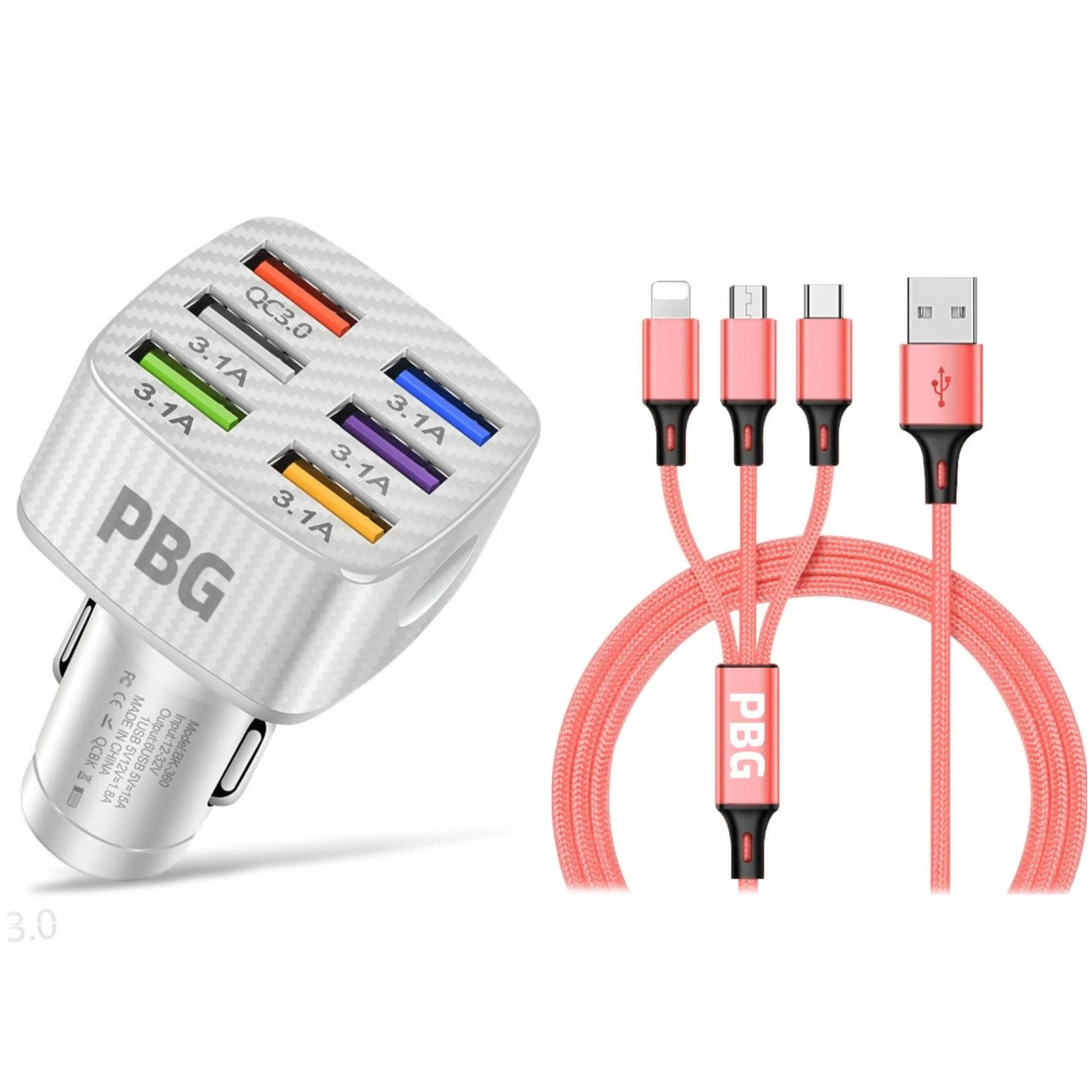 PBG LED 6 Port Car Charger and 4Ft. 3-in-1 Cable Combo DailySale