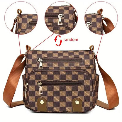Plaid Pattern Crossbody Bag, Women's Multi Pockets Purse, Studded Decor Faux Leather Shoulder Bag DailySale