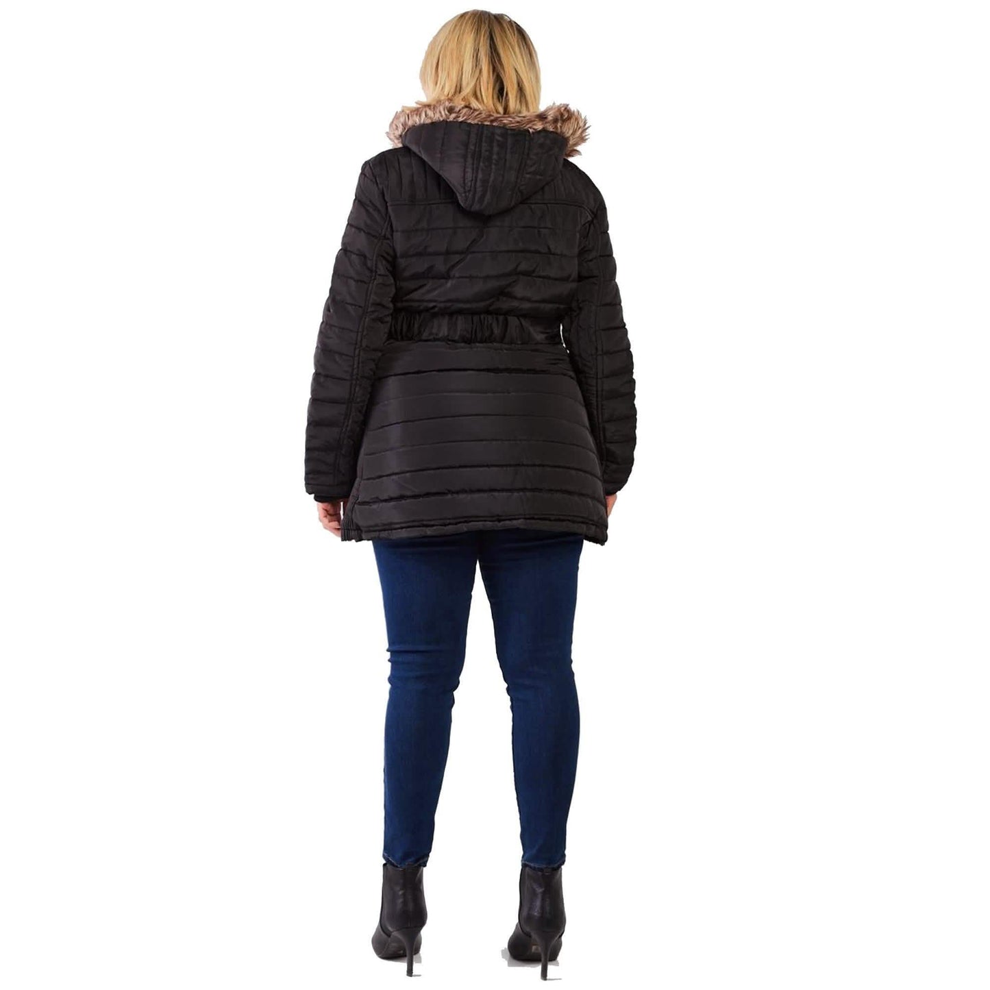 Plus Parallel Quilt Faux Fur Hood Belted Padded Long Puffer Jacket DailySale
