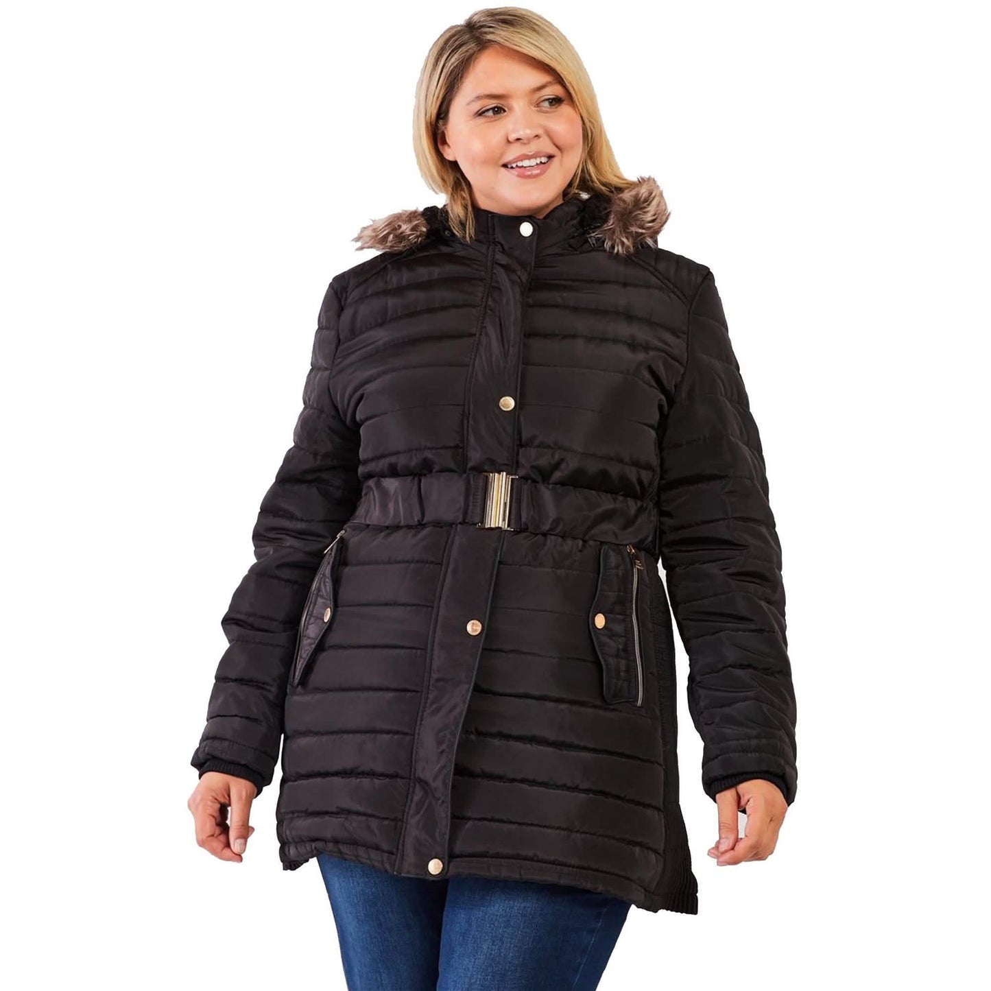 Plus Parallel Quilt Faux Fur Hood Belted Padded Long Puffer Jacket DailySale