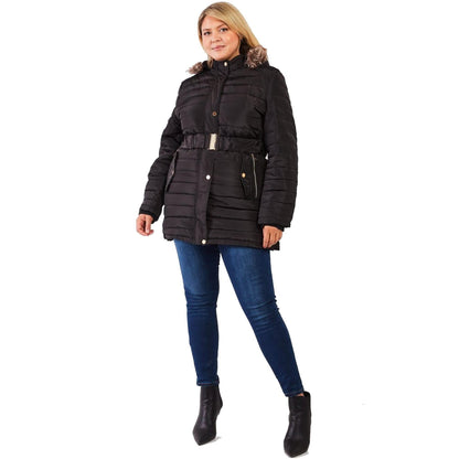 Plus Parallel Quilt Faux Fur Hood Belted Padded Long Puffer Jacket DailySale