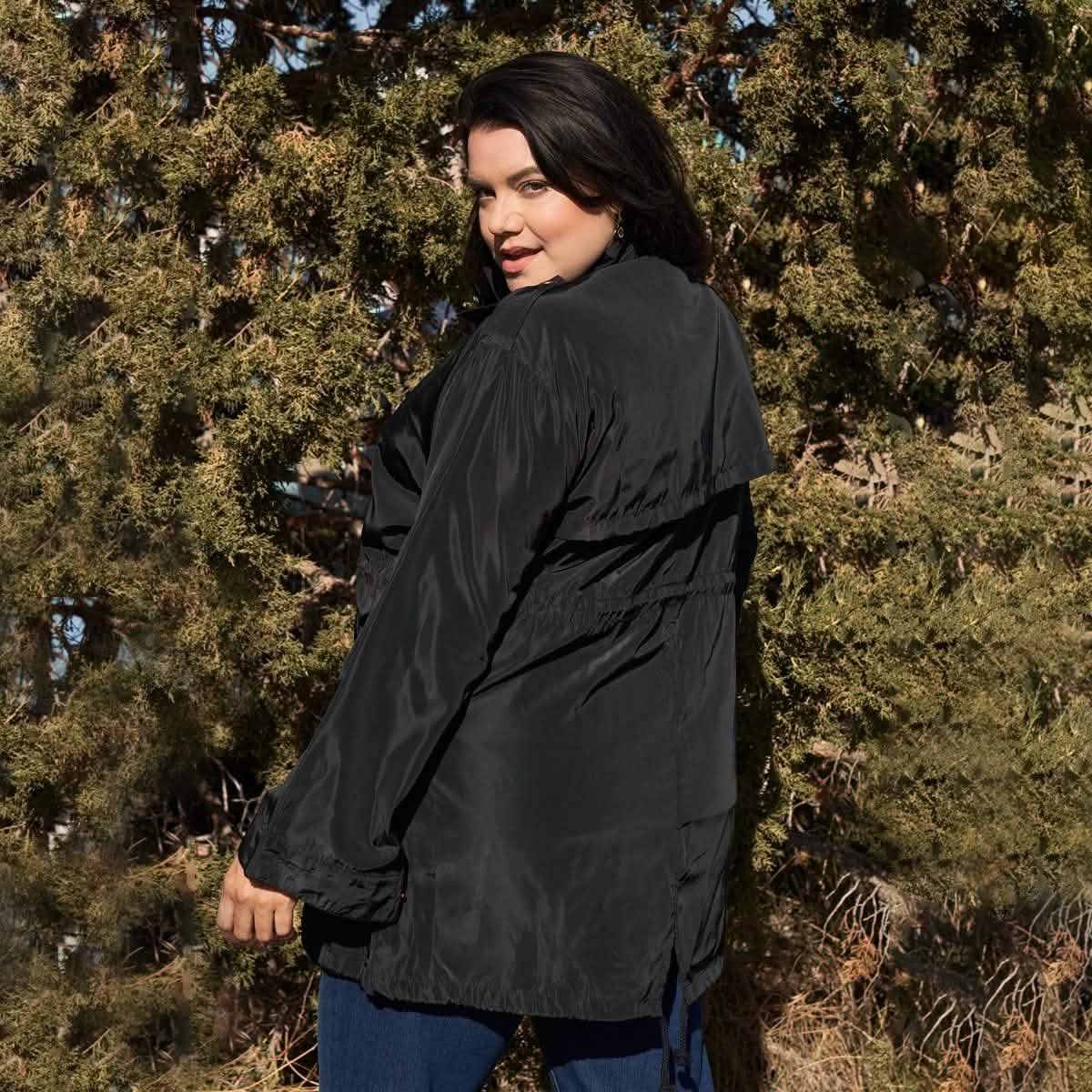 Plus Size Glossy Drawstring Hem Button-Down Coach Jacket DailySale