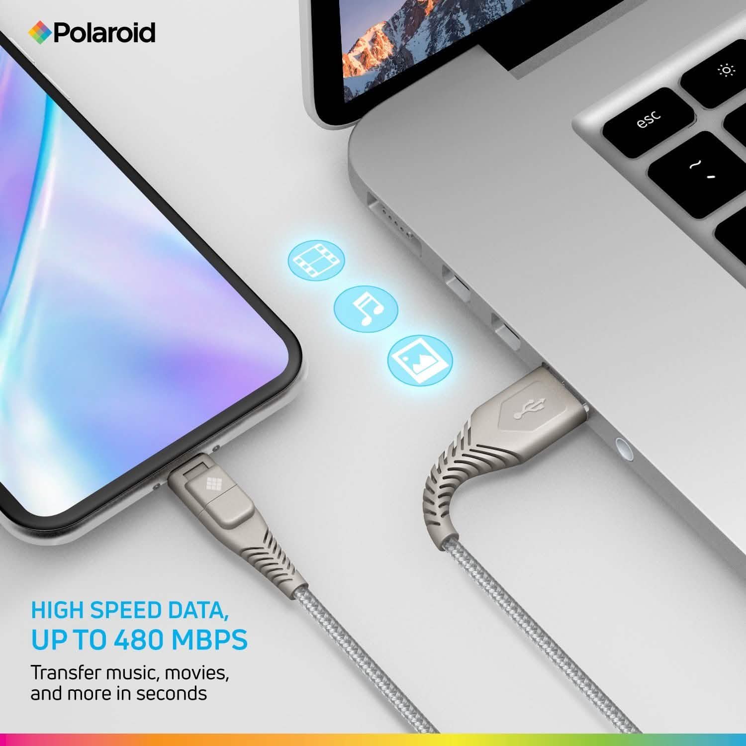 Polaroid 5 Ft USB Type-C Nylon Braided Charger Cable with LED Light DailySale