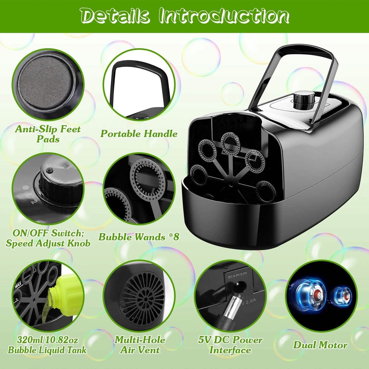 Portable Bubble Blowing Machine  with 2 Speeds Handle 3000-4000 Bubbles Per Minute Plug-In Battery Powered DailySale