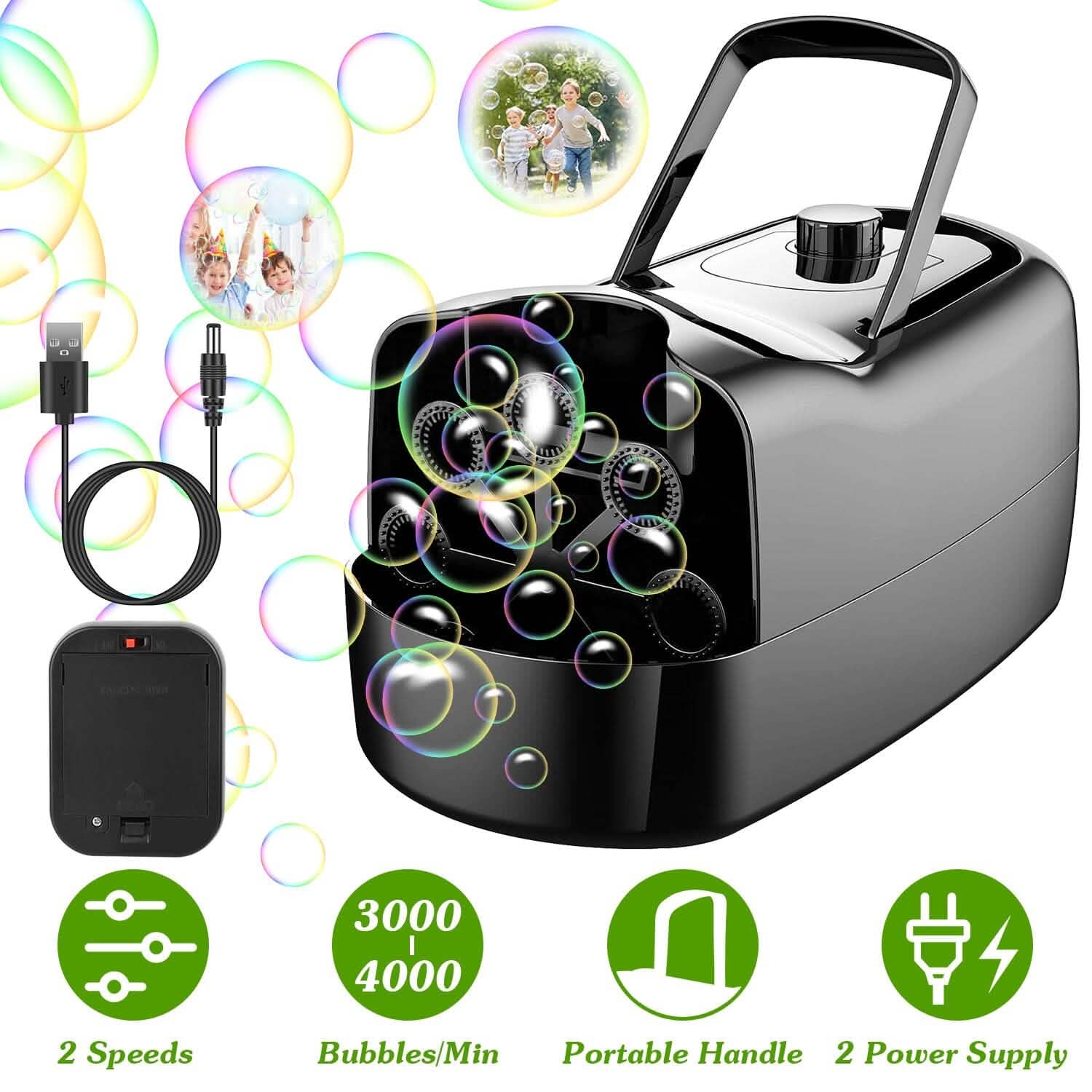 Portable Bubble Blowing Machine  with 2 Speeds Handle 3000-4000 Bubbles Per Minute Plug-In Battery Powered DailySale