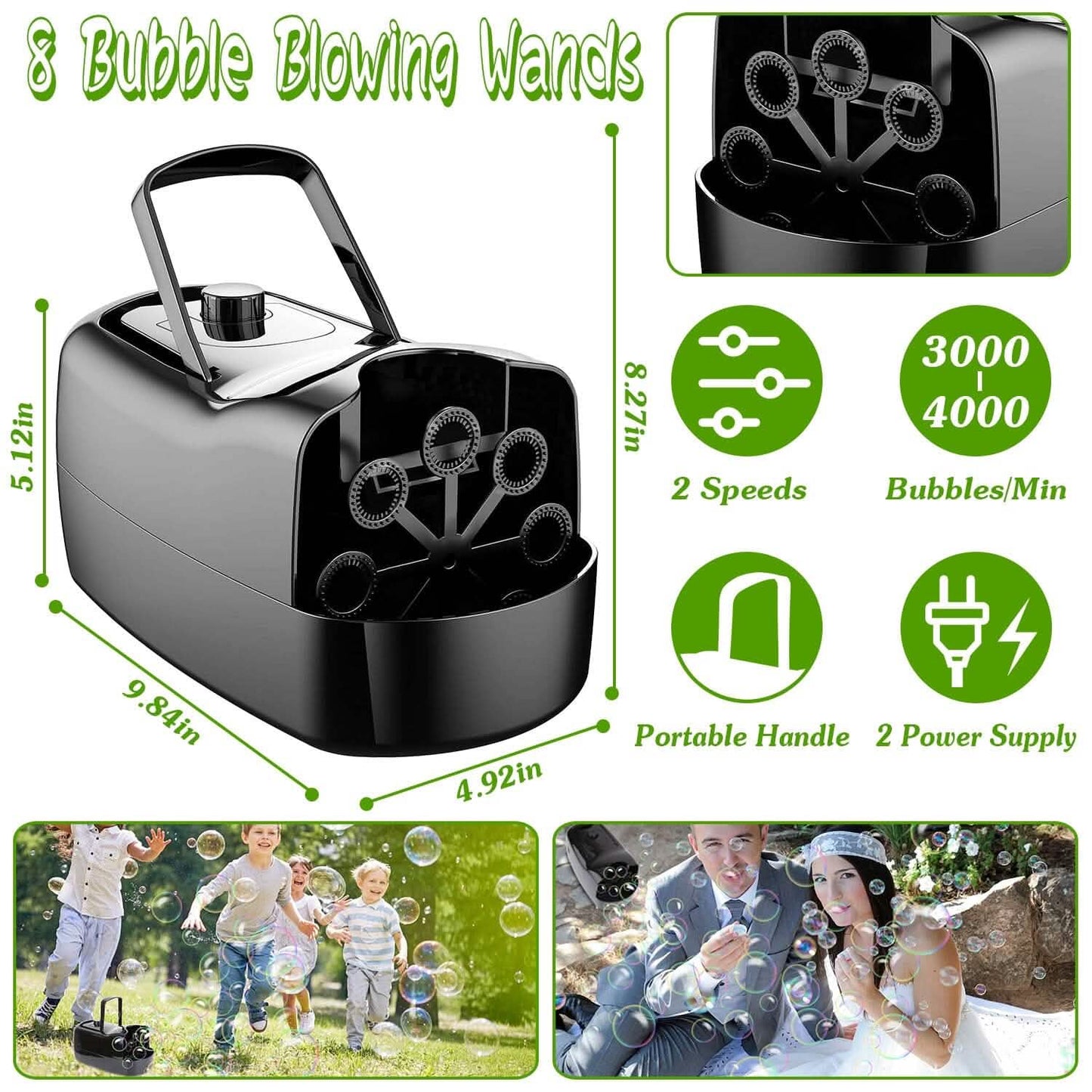 Portable Bubble Blowing Machine  with 2 Speeds Handle 3000-4000 Bubbles Per Minute Plug-In Battery Powered DailySale