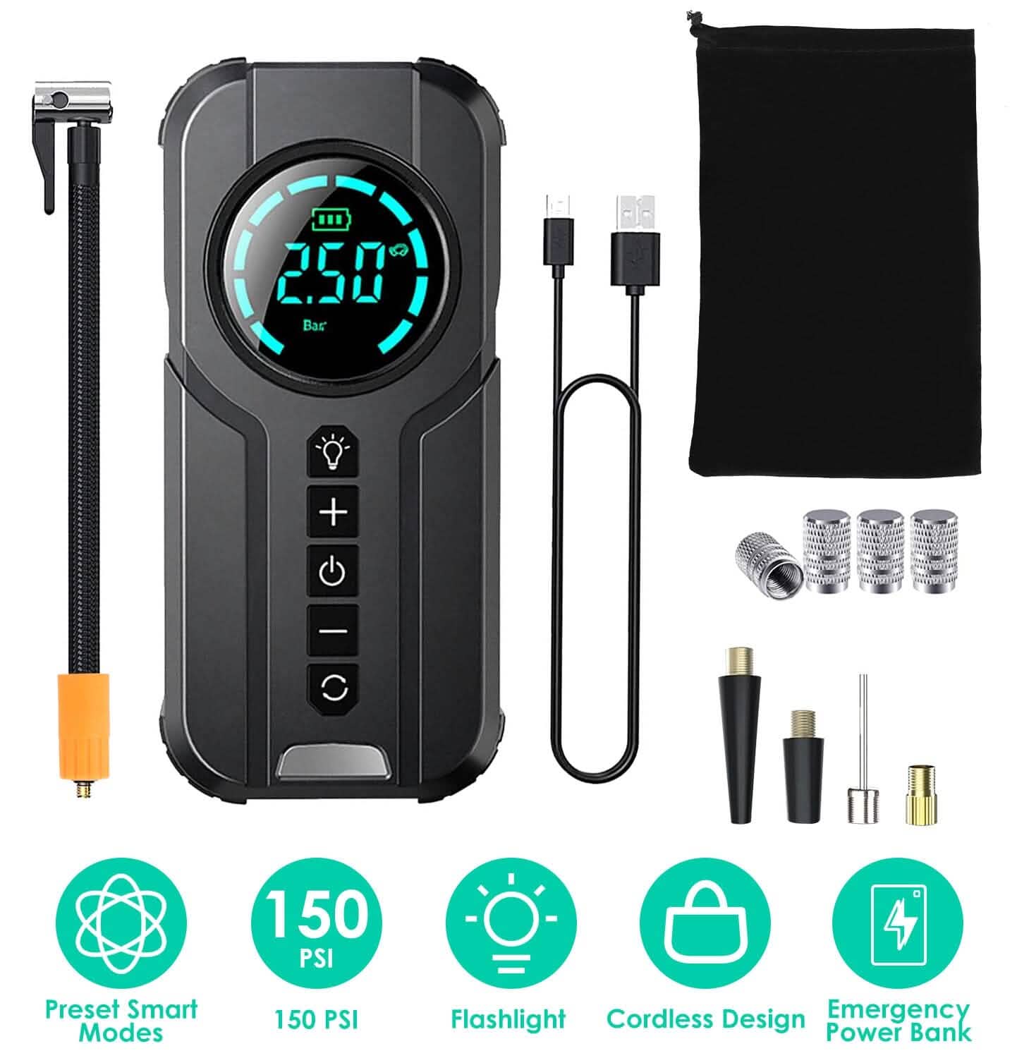 Portable Car Compressor Wireless Electric Air Pump 150 PSI with LED Light DailySale