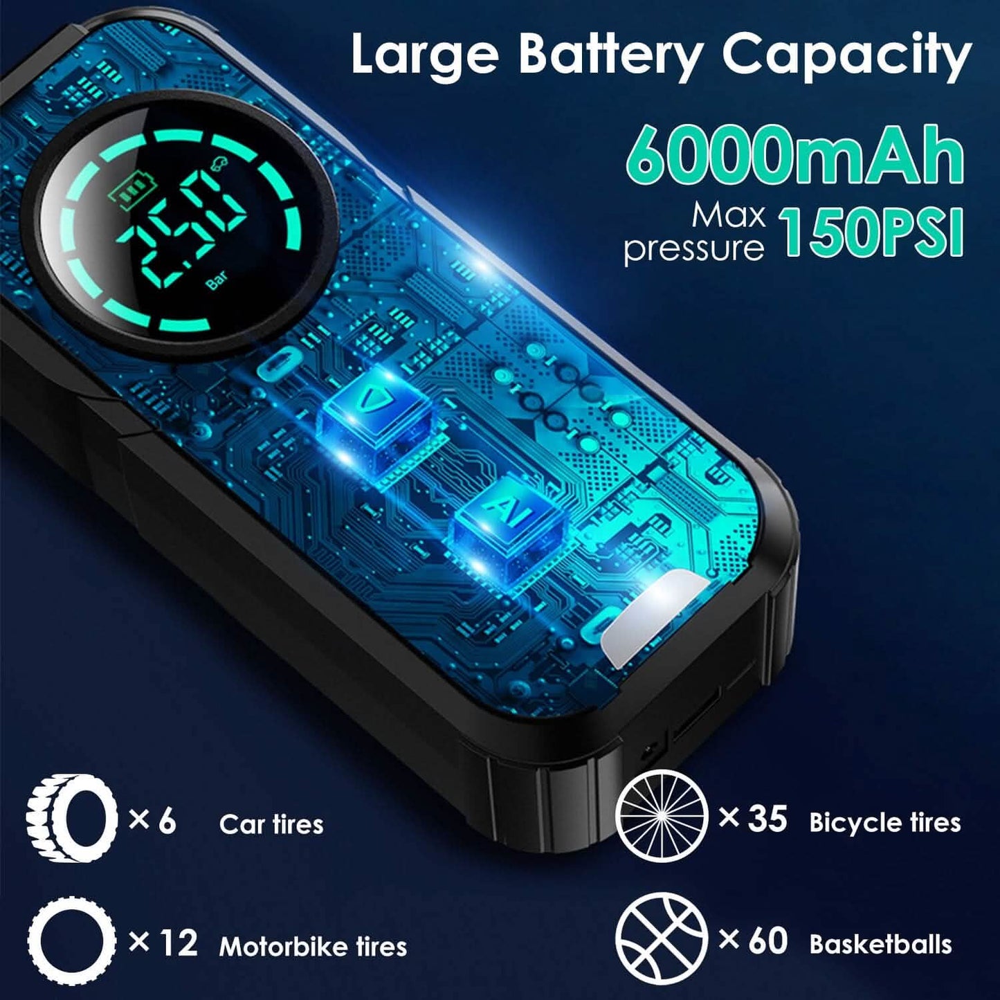 Portable Car Compressor Wireless Electric Air Pump 150 PSI with LED Light DailySale