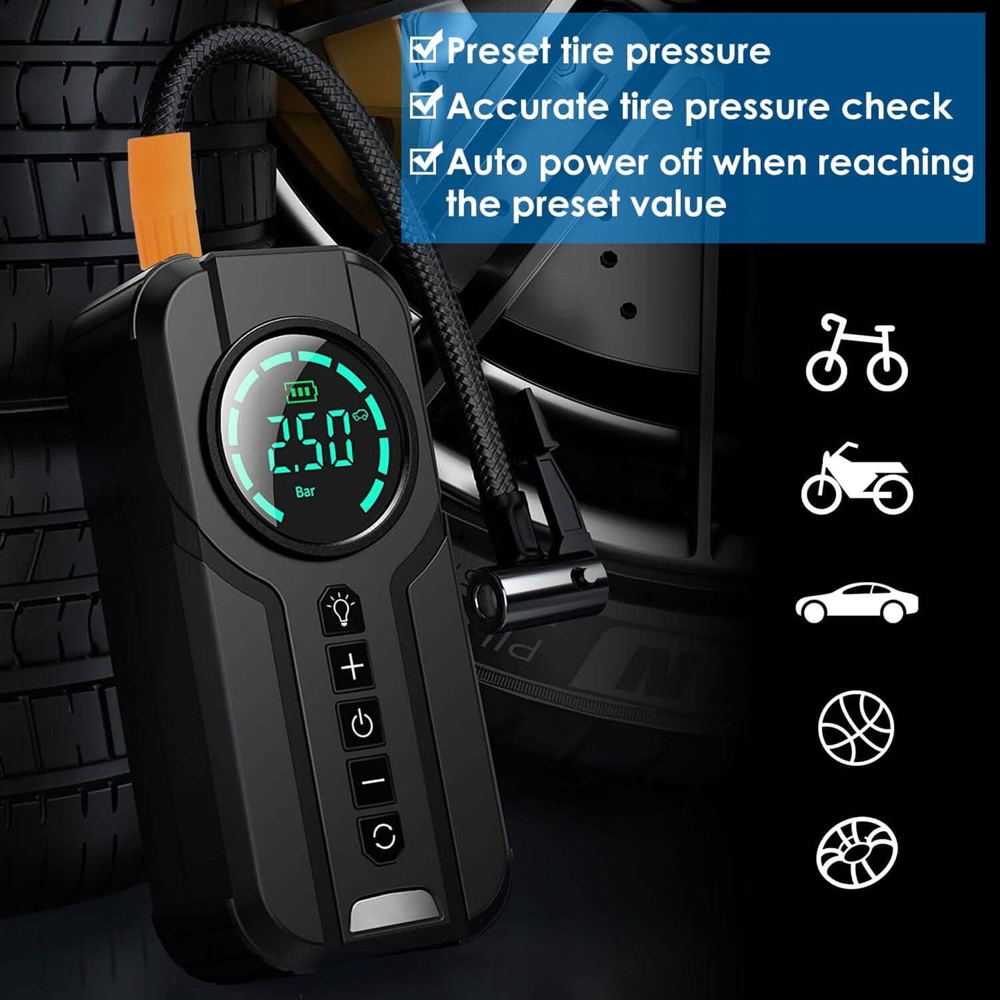 Portable Car Compressor Wireless Electric Air Pump 150 PSI with LED Light DailySale