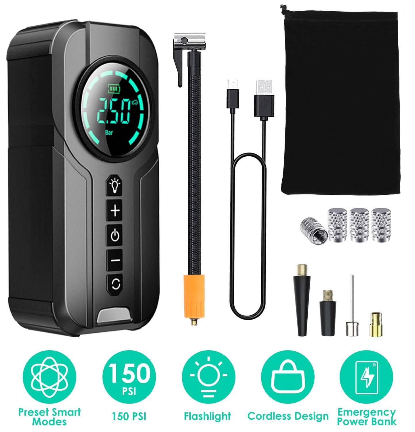 Portable Car Compressor Wireless Electric Air Pump 150 PSI with LED Light DailySale