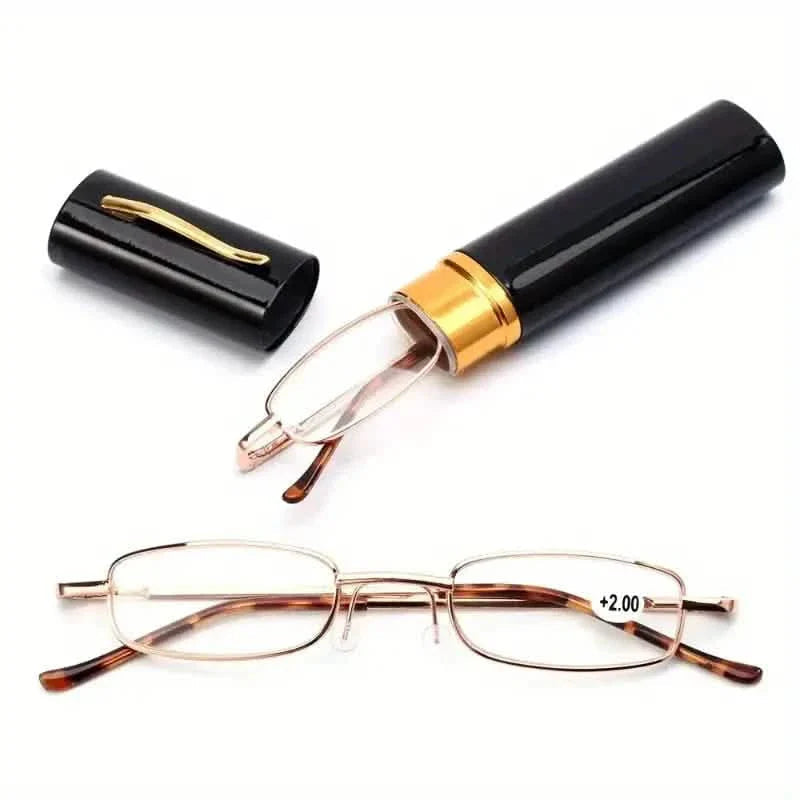 Portable Presbyopia Reading Glasses with Pen Tube Case - Unisex, Metal Frame, Spring Hinge, +1.00~+4.00, Plastic Lens DailySale