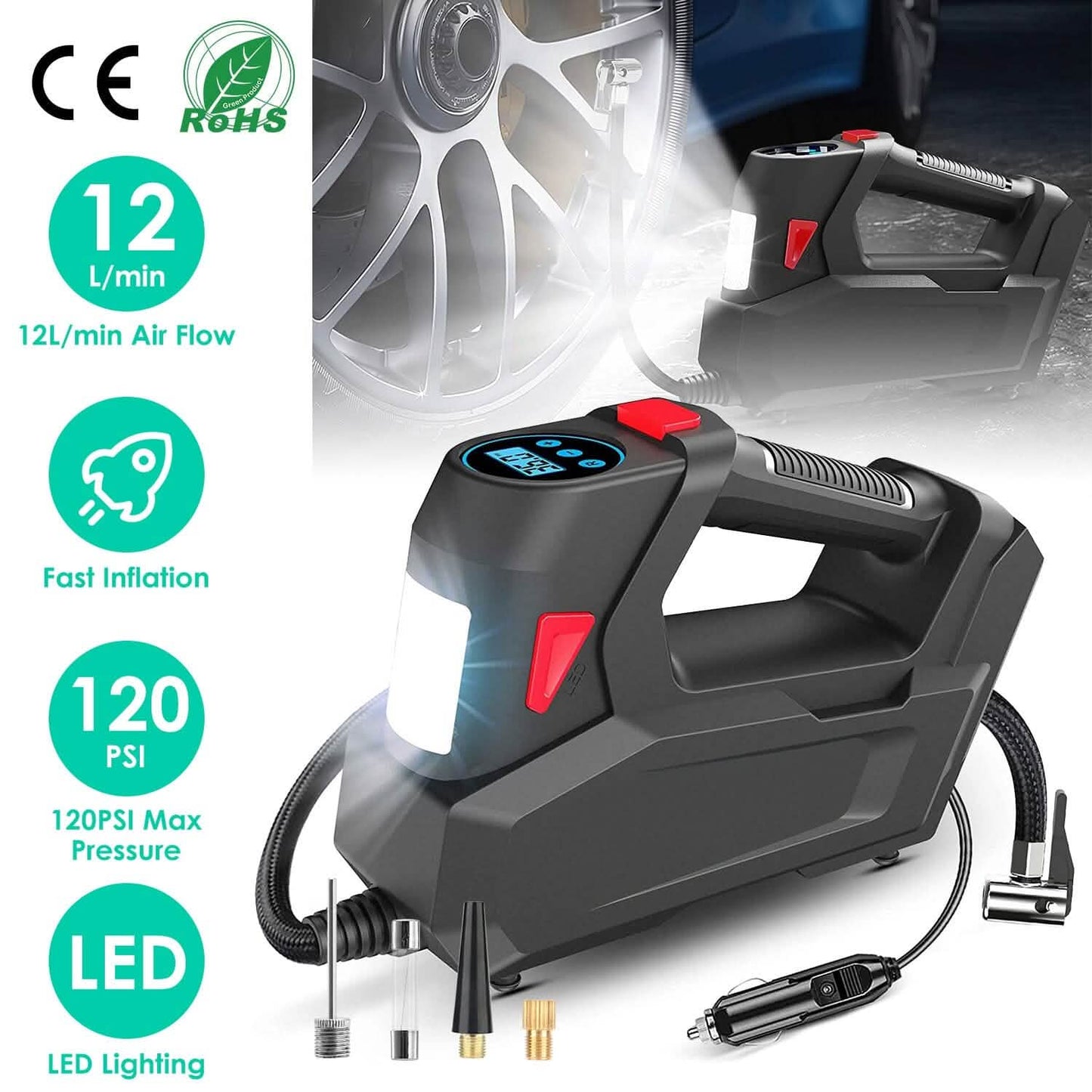 Portable Tire Inflator 120 PSI Maximum 90W Powered Tire Pump with Digital Display LED DailySale