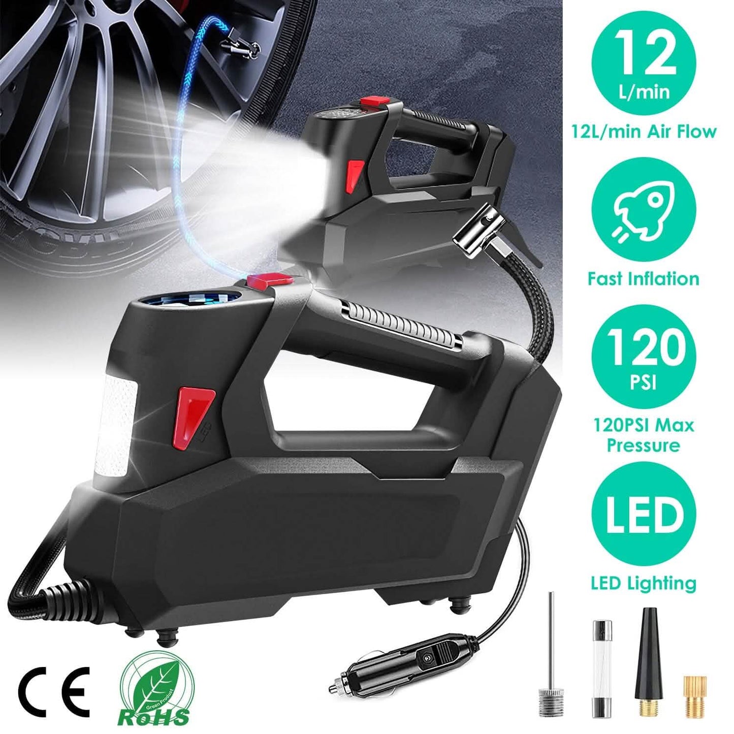 Portable Tire Inflator 120 PSI Maximum 90W Powered Tire Pump with Digital Display LED DailySale