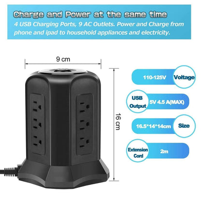 Power Strip Tower with 9 AC-Outlets and 4 USB Charging Ports Switch Control DailySale