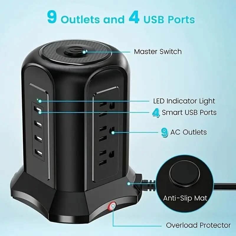 Power Strip Tower with 9 Outlets 4 USB Ports 6.5 Ft. Long Extension Cord DailySale