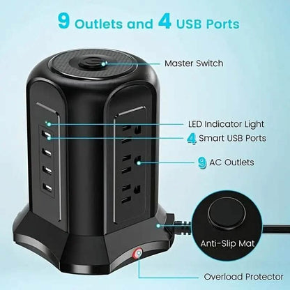 Power Strip Tower with 9 Outlets 4 USB Ports 6.5 Ft. Long Extension Cord DailySale