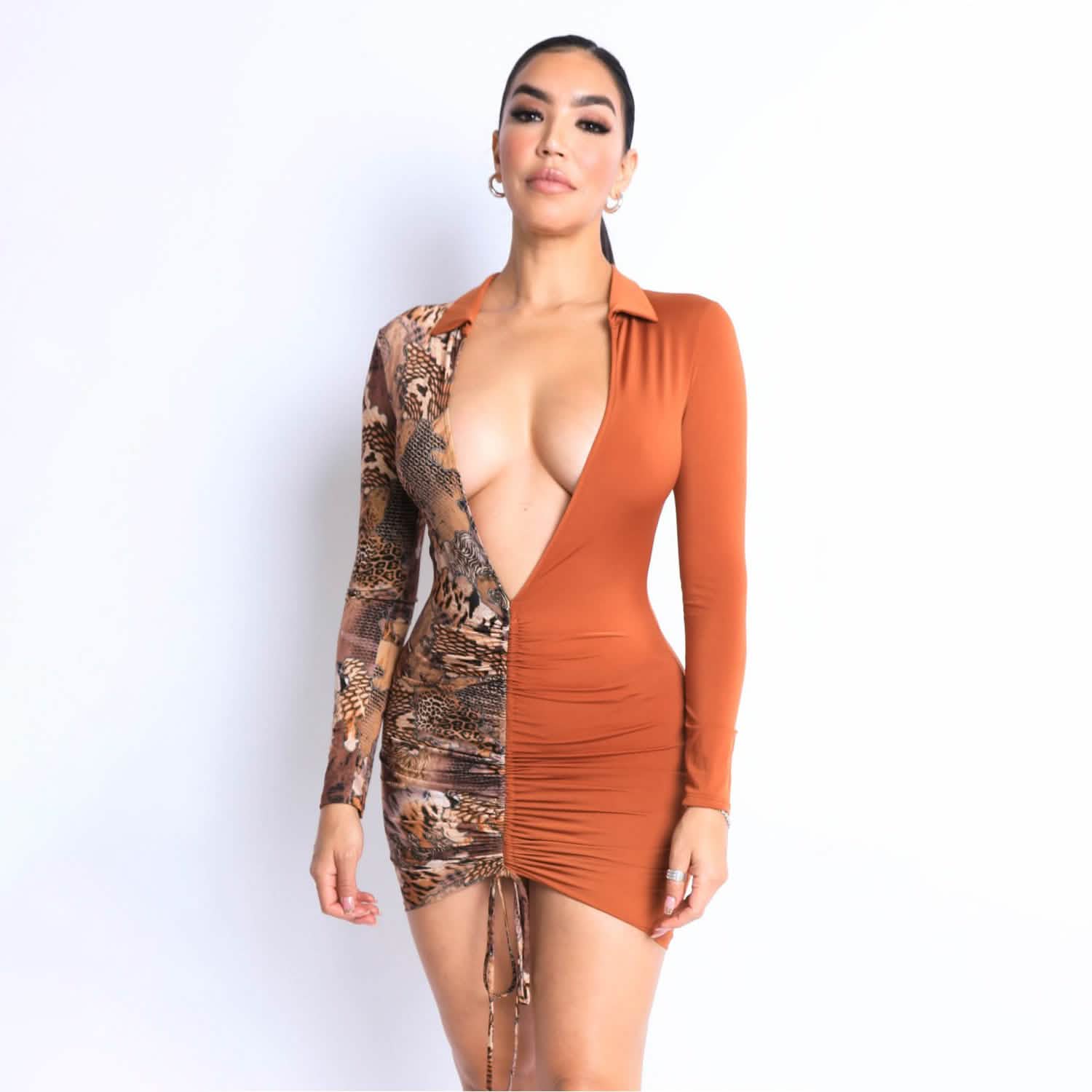Print Blocked Ruched Front Deep V Dress DailySale