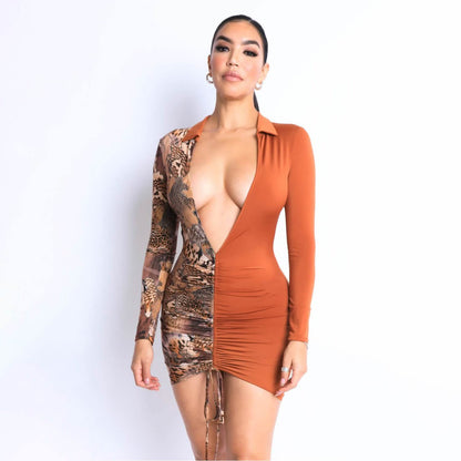 Print Blocked Ruched Front Deep V Dress DailySale