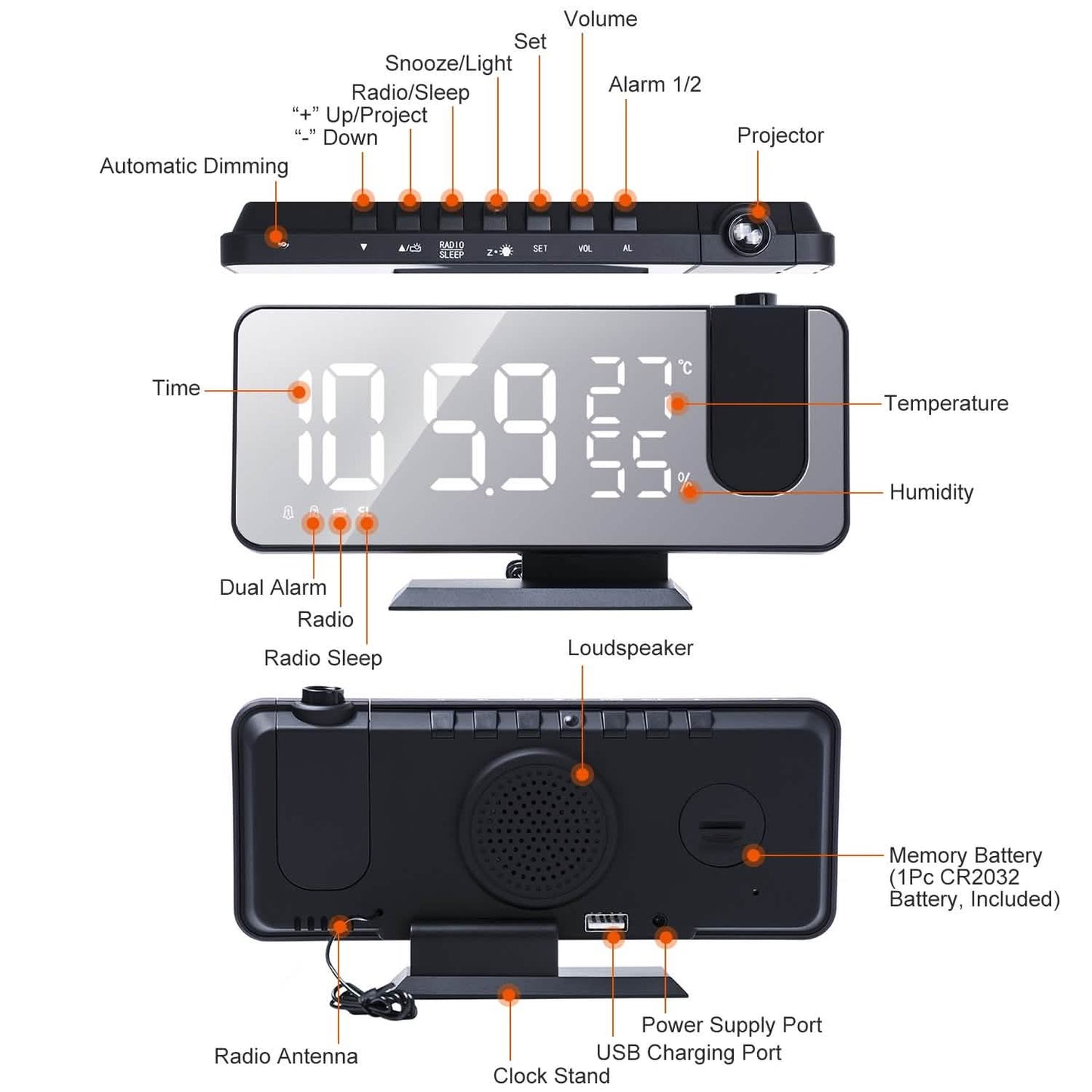 Projection Alarm Clock with Radio Function DailySale