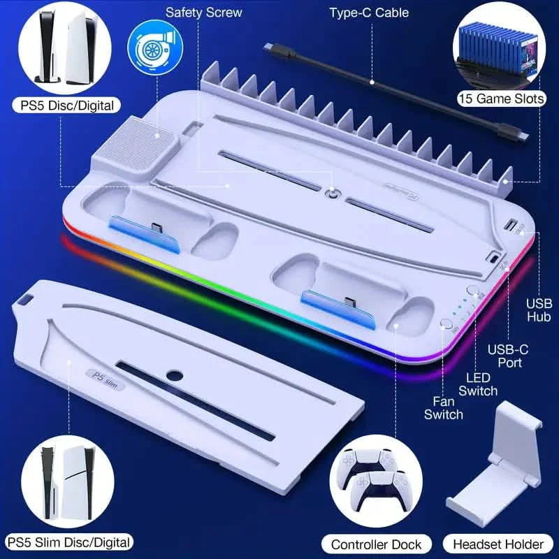 PS5 Cooling Stand with 3-Speed Adjustable Fan, RGB Lights, and Compact Design for PS5 Slim, Digital DailySale