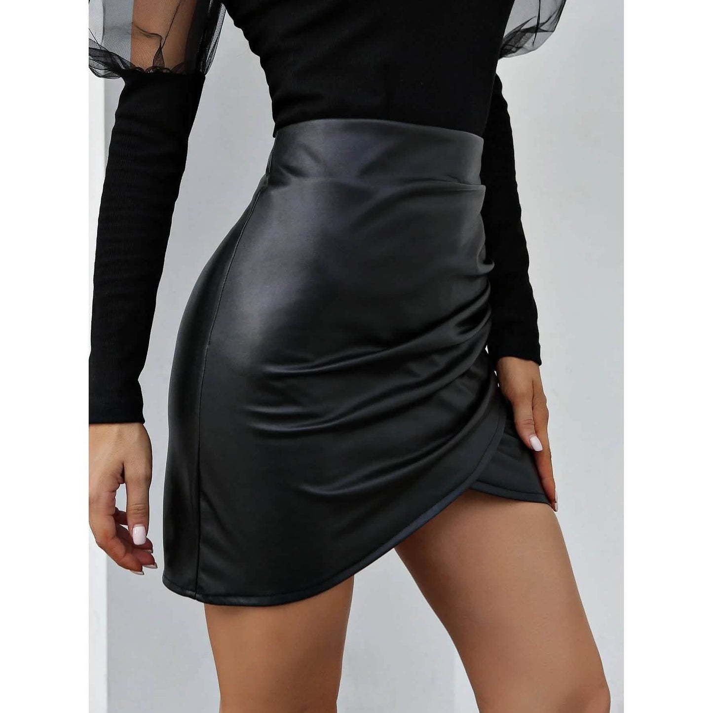 PU Wrap Hem Bodycon Skirt DailySale