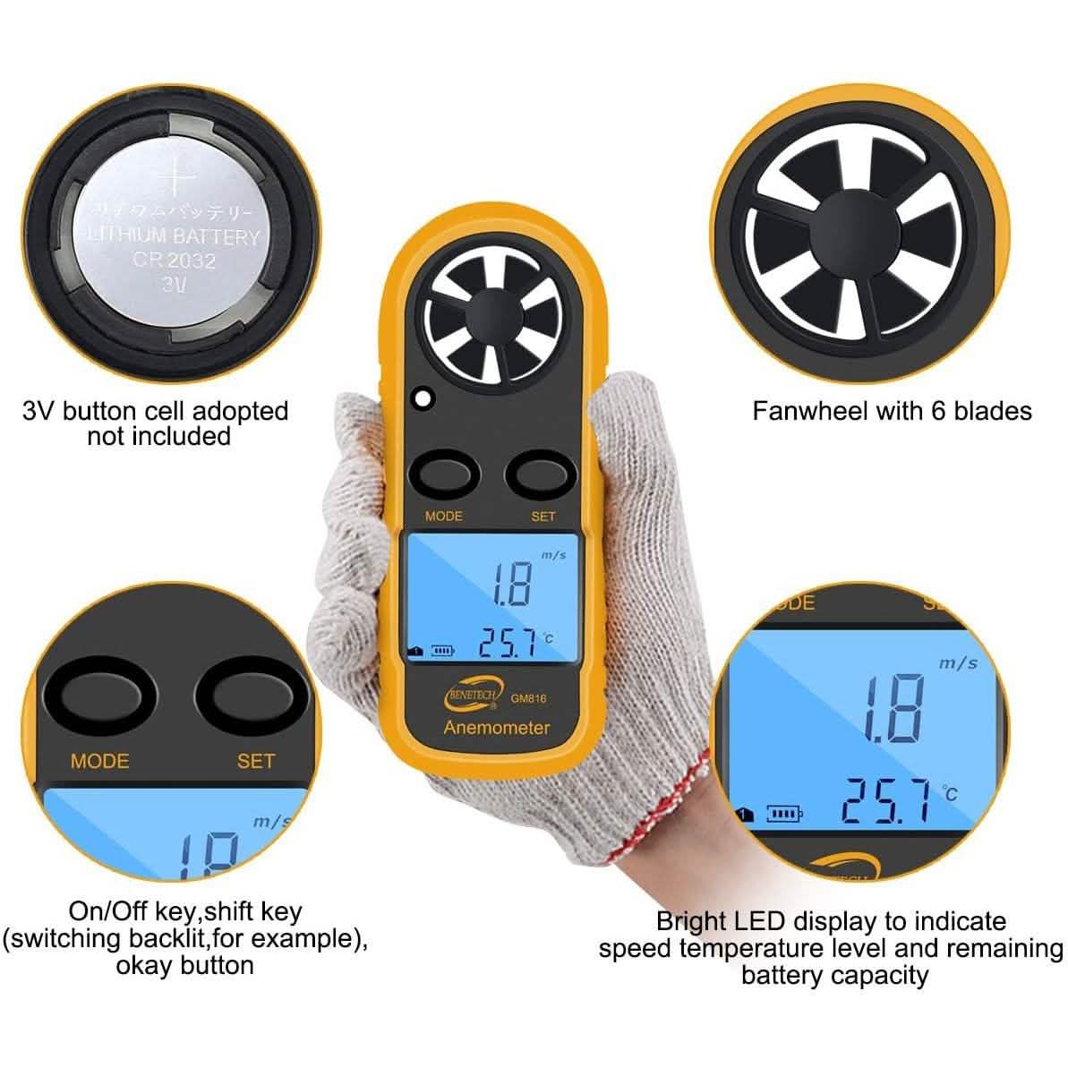 Qotone GM816 Digital Anemometer Wind-Speed Gauge Meter DailySale