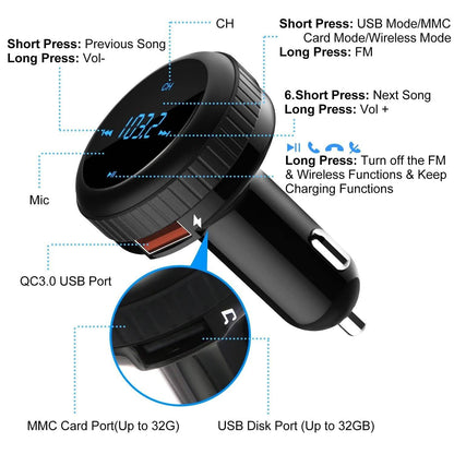 Quick Charge 3.0 Car Charger Wireless 4.2 FM Transmitter 23W 3A Dual USB DailySale