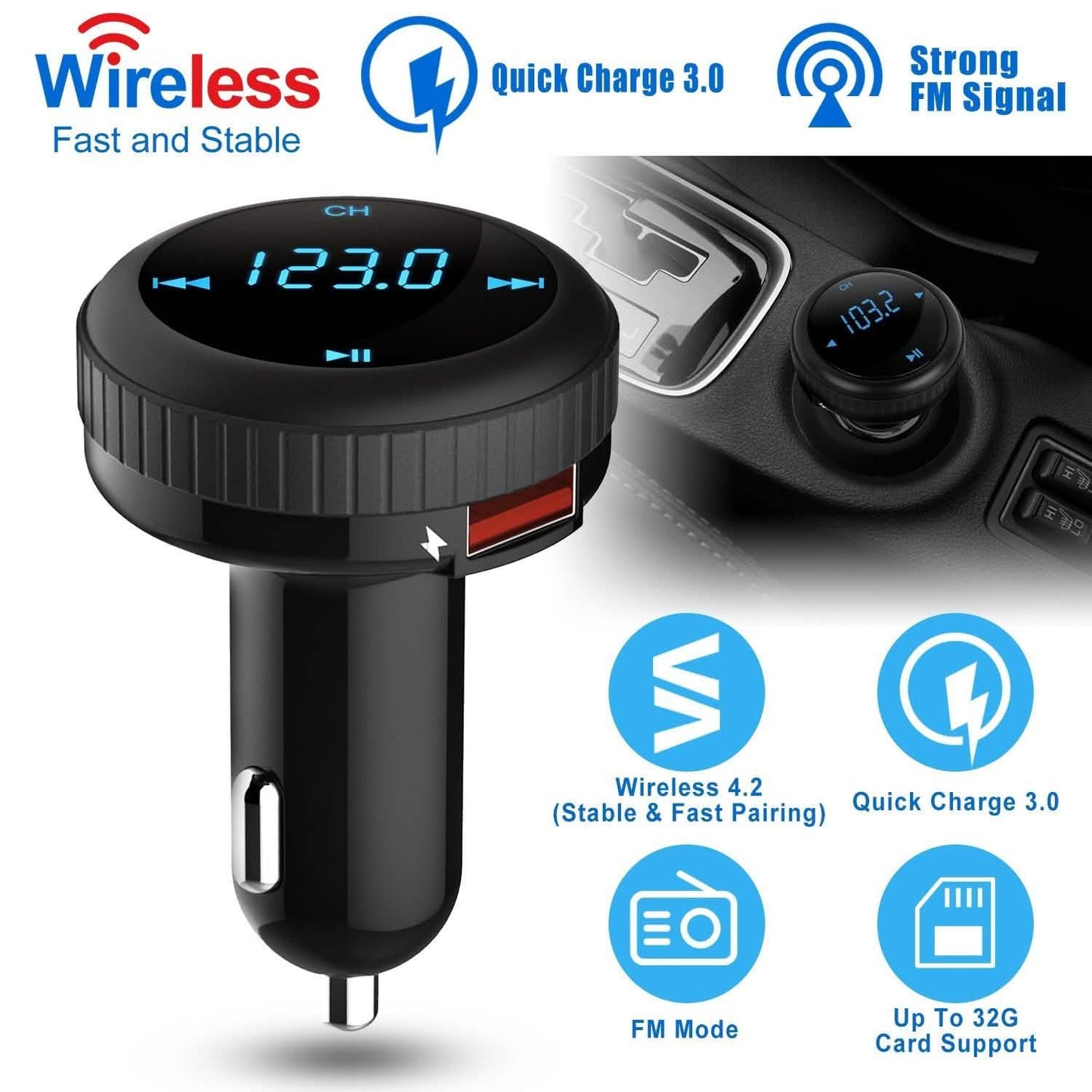Quick Charge 3.0 Car Charger Wireless 4.2 FM Transmitter 23W 3A Dual USB DailySale