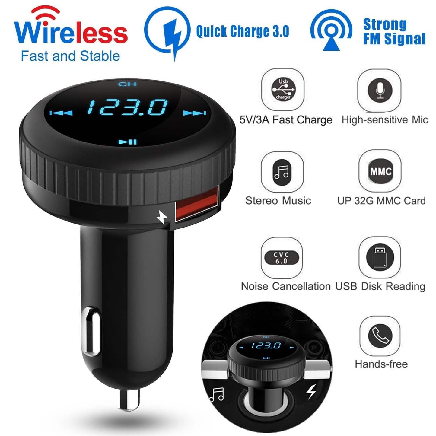 Quick Charge 3.0 Car Charger Wireless 4.2 FM Transmitter 23W 3A Dual USB DailySale
