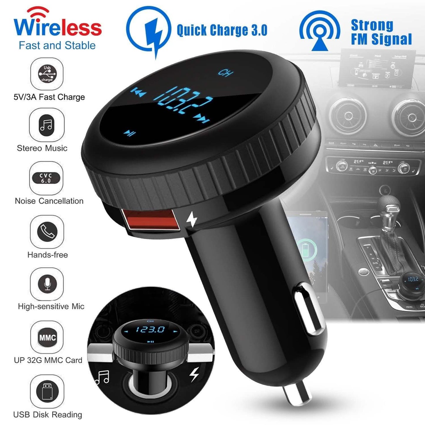 Quick Charge 3.0 Car Charger Wireless 4.2 FM Transmitter 23W 3A Dual USB DailySale