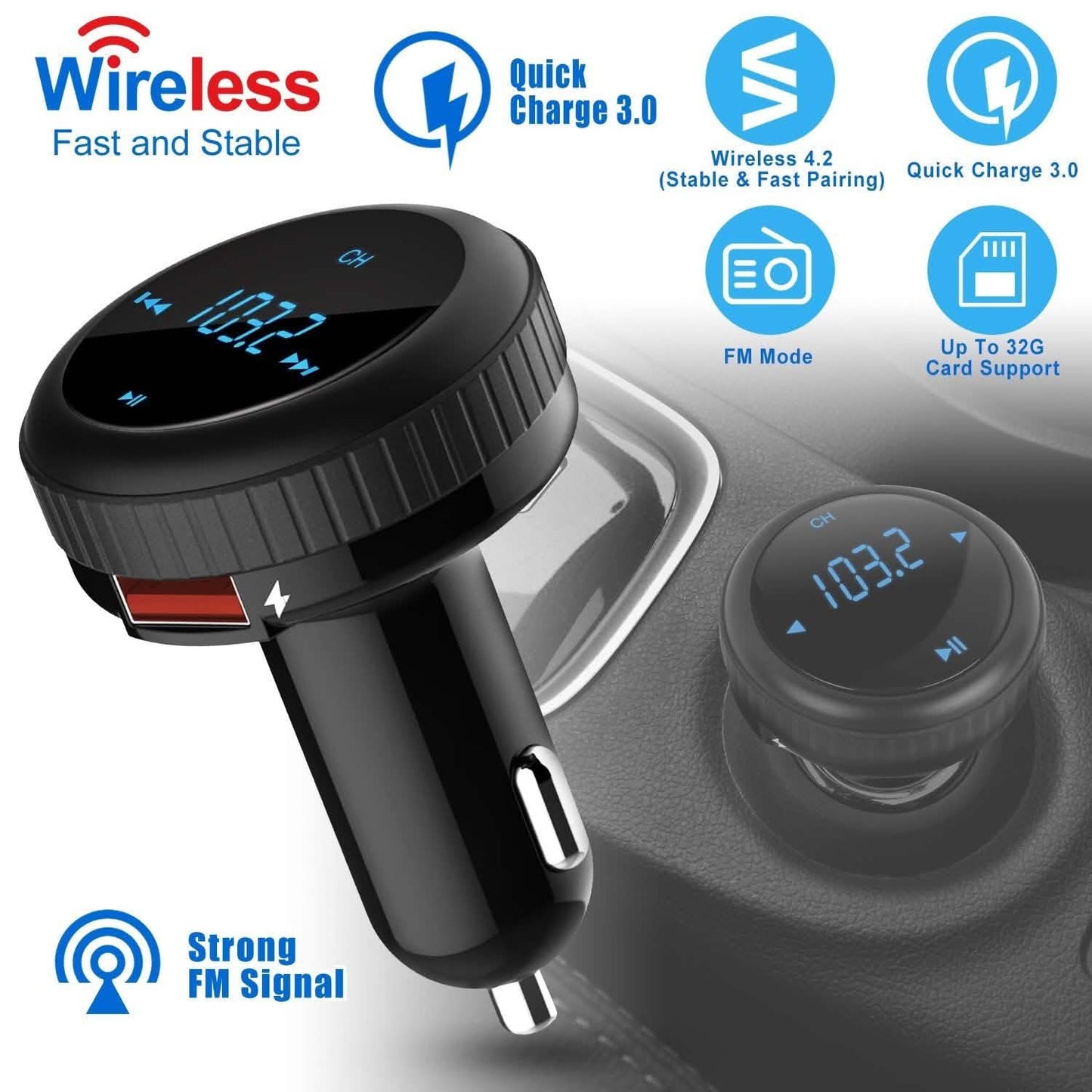 Quick Charge 3.0 Car Charger Wireless 4.2 FM Transmitter 23W 3A Dual USB DailySale