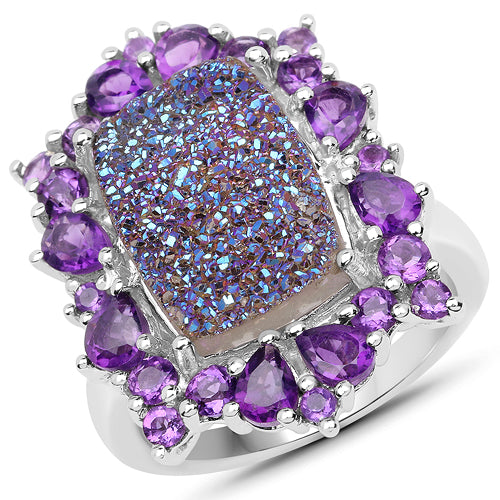 5.97 Carat Genuine Drusy Quartz and Amethyst .925 Sterling Silver Ring Bids.com