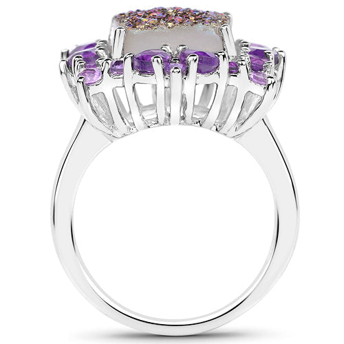 5.97 Carat Genuine Drusy Quartz and Amethyst .925 Sterling Silver Ring Bids.com