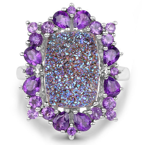 5.97 Carat Genuine Drusy Quartz and Amethyst .925 Sterling Silver Ring Bids.com