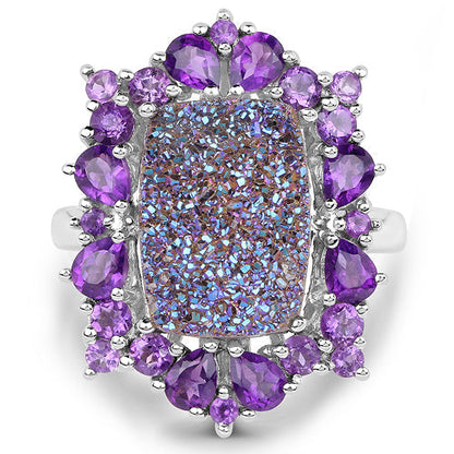 5.97 Carat Genuine Drusy Quartz and Amethyst .925 Sterling Silver Ring Bids.com