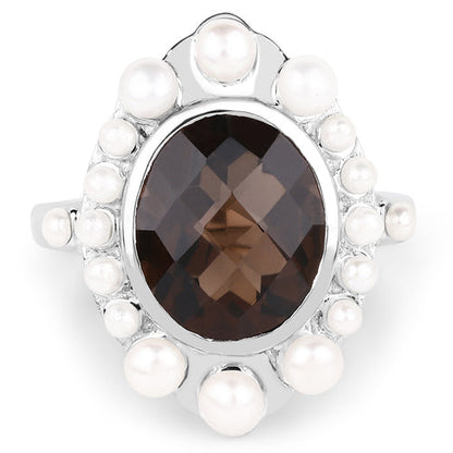 5.75 Carat Genuine Smoky Quartz and Pearl .925 Sterling Silver Ring Bids.com