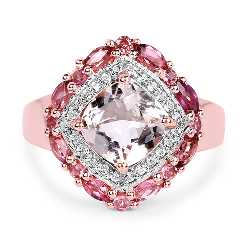 14K Rose Gold Plated 3.11 Carat Genuine Morganite, Pink Tourmaline & White Topaz .925 Sterling Silver Ring Bids.com