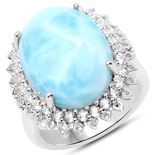 17.62 Carat Genuine Larimar and White Topaz .925 Sterling Silver Ring Bids.com
