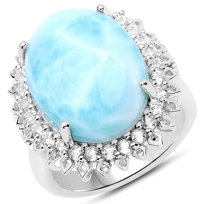 17.62 Carat Genuine Larimar and White Topaz .925 Sterling Silver Ring Bids.com