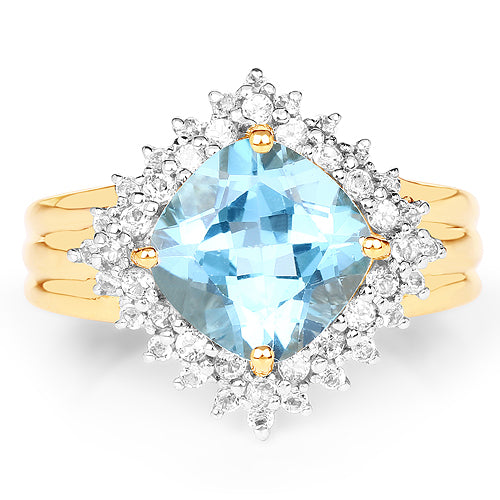 14K Yellow Gold Plated 4.33 Carat Genuine Swiss Blue Topaz and White Topaz .925 Sterling Silver Ring Bids.com