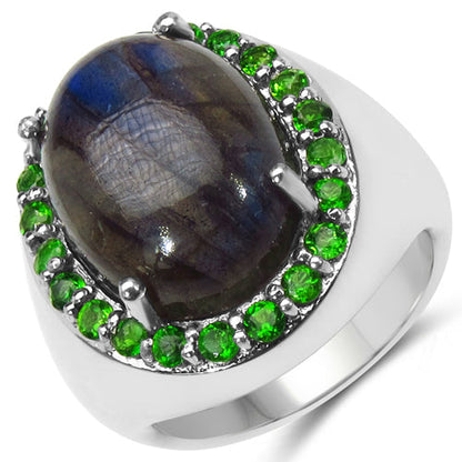 11.90 Carat Genuine Labradorite & Chrome Diopside .925 Sterling Silver Ring Bids.com