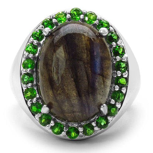 11.90 Carat Genuine Labradorite & Chrome Diopside .925 Sterling Silver Ring Bids.com
