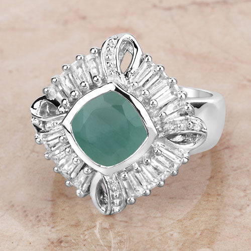"2.57 Carat Genuine Emerald, White Topaz and White Diamond .925 Sterling Silver Ring Bids.com