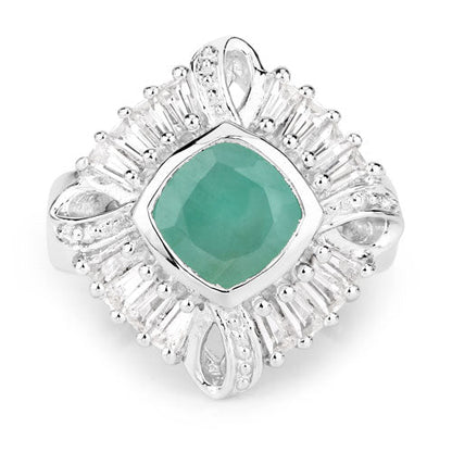 "2.57 Carat Genuine Emerald, White Topaz and White Diamond .925 Sterling Silver Ring Bids.com