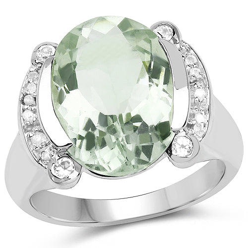 8.12 Carat Genuine Green Amethyst, White Topaz & White Diamond .925 Sterling Silver Ring Bids.com